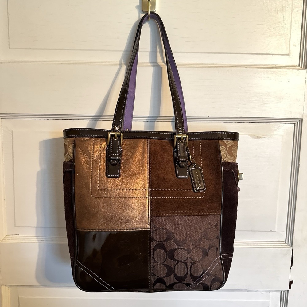 Coach Mixed‎ Media Brown Gold Medium Sized Tote Bag-Patchwork-Y2K-Vintage